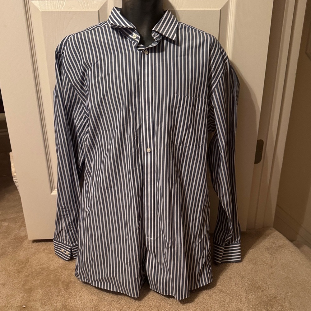 Men's Blue and White Vertical Stripe Dress Shirt Size 17 1/2